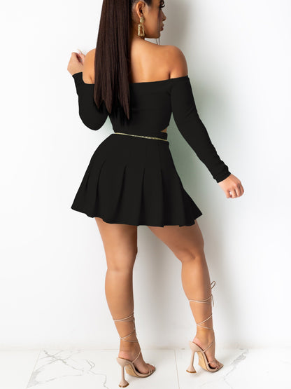 Solid Elegant Two-piece Set, Off Shoulder Long Sleeve Crop Top & Pleated Mini Skirt Outfits, Women's Clothing