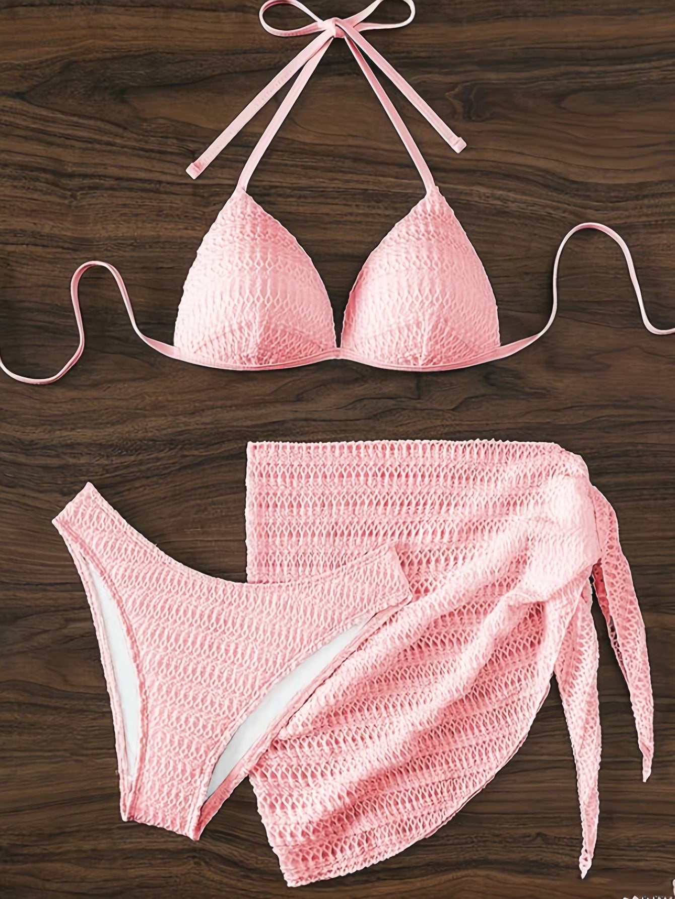 3 Piece Set Swimsuits - Pinkish Textured Halter Bikini with Spaghetti Strap Tie Back, Matching Cover Up Skirt, Perfect for Valentine's Day, Women's Swimwear and Clothing, Triangle Top, Flattering and Comfortable