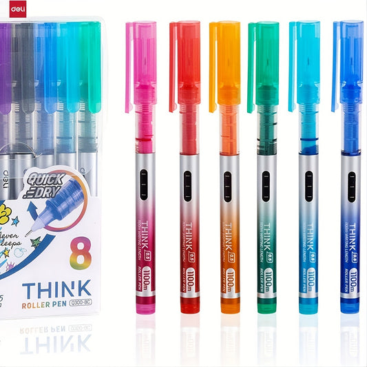 Deli 8 Pieces Rolling Ball Pens, Quick-Drying Ink 0.5 mm Extra Fine Point Pens Liquid Ink Pen Rollerball Pens Multicolor