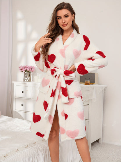 Elegant Heart Pattern Fleece Thickened Night Robe For Fall & Winter, Long Sleeve V Neck Robe With Belt, Women's Sleepwear & Dresses