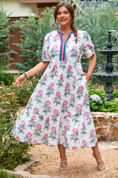 White Allover Print Contrast Split Neckline Short Puff Sleeve Curvy Dress