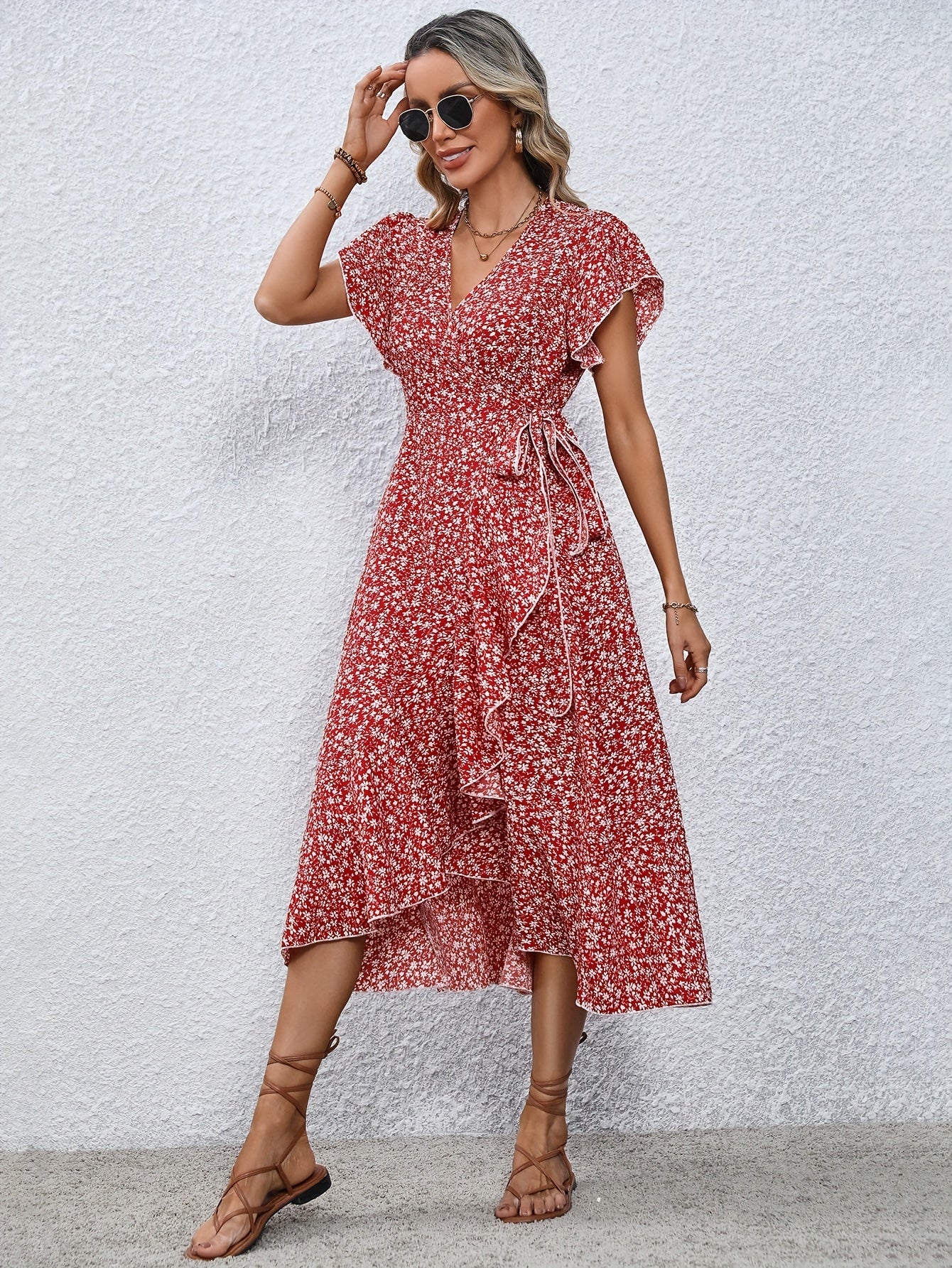 Women's Spring & Summer Dress - Elegant Floral Print, Surplice Neck with Tie, Casual Flutter Sleeves & Ruffle Hem, Perfect for Every Day & Special Occasions