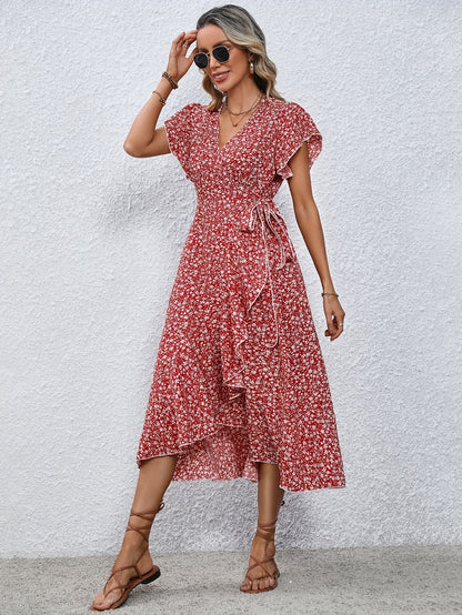 Women's Spring & Summer Dress - Elegant Floral Print, Surplice Neck with Tie, Casual Flutter Sleeves & Ruffle Hem, Perfect for Every Day & Special Occasions