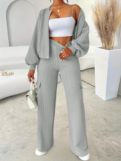 Women'S Casual Chic Two-Piece Set, Solid Color Long Sleeve Zippered Jacket and Straight-Leg Pants, Polyester 95% Elastane 5% Knit Fabric, Crew Neck, Fall/Winter Collection