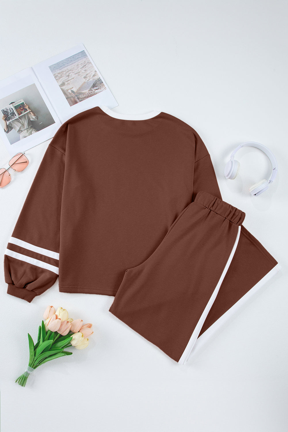 Chestnut Varsity Stripe Patchwork Puff Sleeve Pullover Drawstring Wide Leg Pant Set