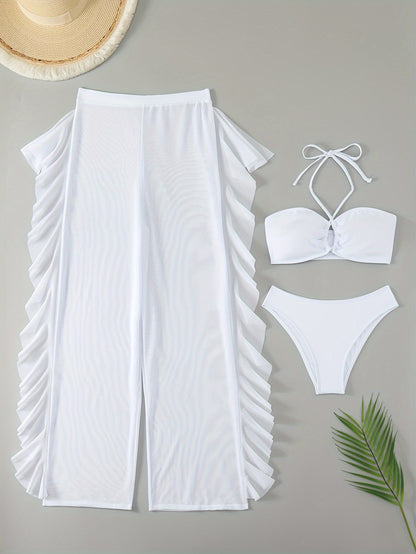3-Piece Solid Color Halter Bikini Set - Flattering Low-Rise Bottom with Chic Ruffle Trim, Stylish Halter Neck Top & Sheer Beach Cover Up Pants - Elegant, Modern Womens Swimwear for Valentines Day