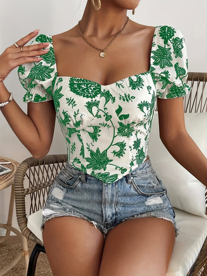 Floral Print Sweetheart Neck Blouse, Elegant Short Puff Sleeve Hanky Hem Shirred Crop Top For Spring & Summer, Women's Clothing