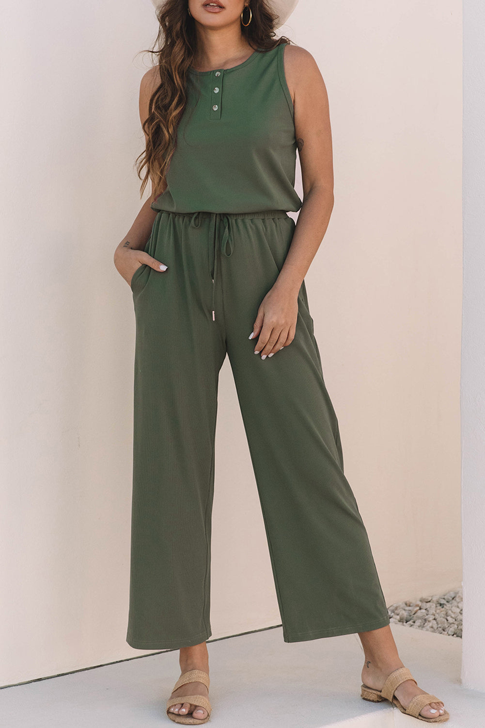 Vineyard Green Buttoned Drawstring Elastic Waistband Sleeveless Wide Leg Jumpsuit
