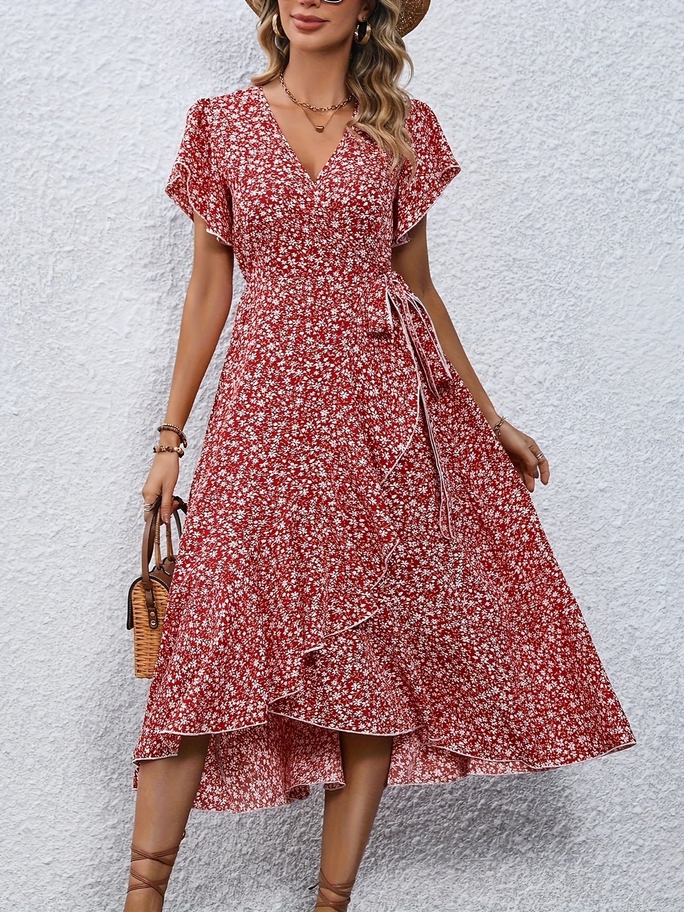 Women's Spring & Summer Dress - Elegant Floral Print, Surplice Neck with Tie, Casual Flutter Sleeves & Ruffle Hem, Perfect for Every Day & Special Occasions
