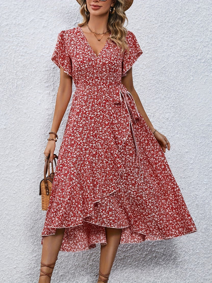 Women's Spring & Summer Dress - Elegant Floral Print, Surplice Neck with Tie, Casual Flutter Sleeves & Ruffle Hem, Perfect for Every Day & Special Occasions