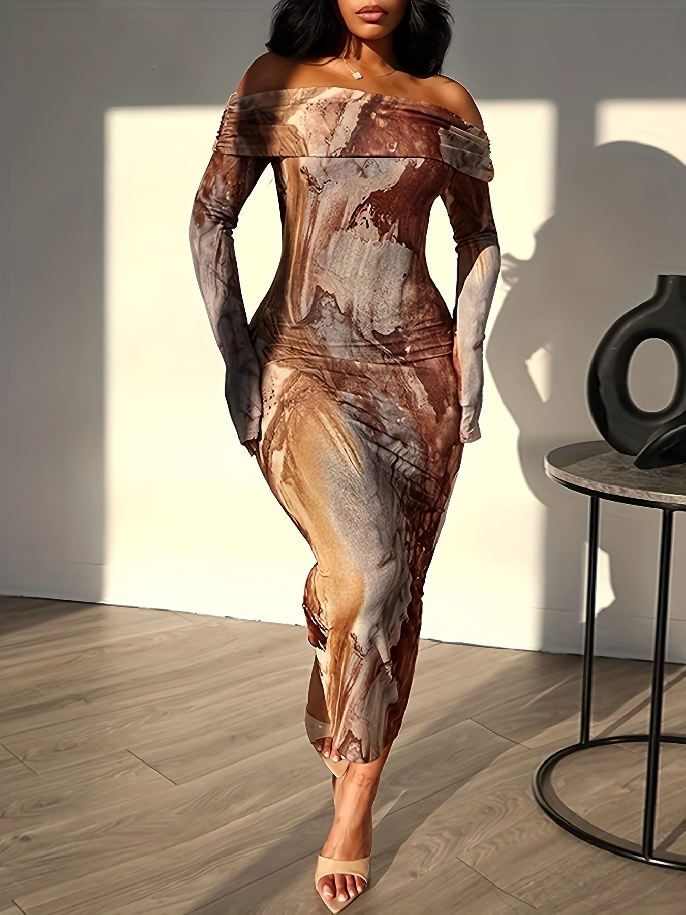 Tie Dye Off Shoulder Dress, Elegant Long Sleeve Bodycon Dress For Party & Club, Women's Clothing Wedding occasion engagement party ceremony