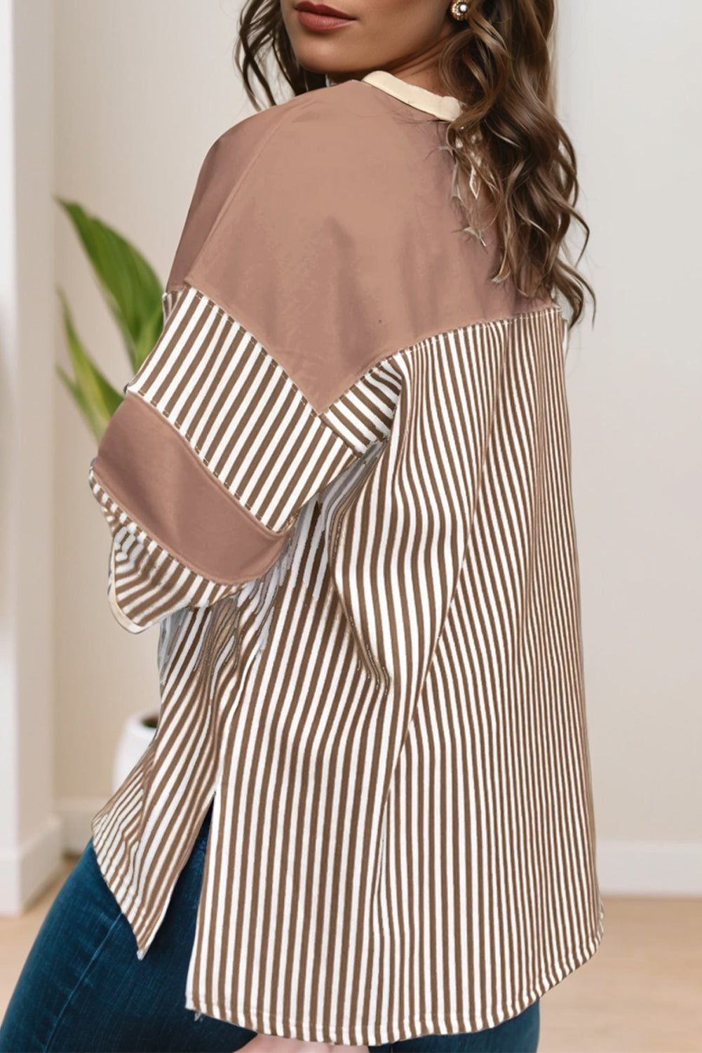 Khaki Stripe Patchwork Bracelet Sleeve Plus Size T Shirt