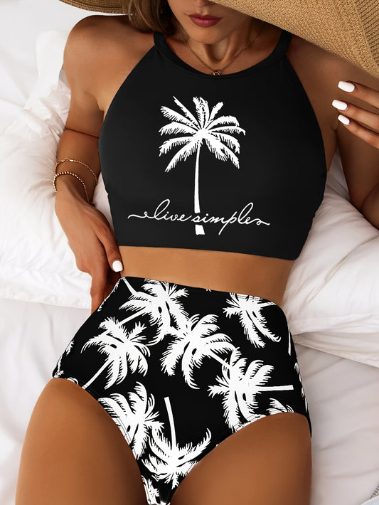 Chic Coconut Tree Print Bikini Set for Women - High Stretch, Comfort Fit Swimwear with High-Waist Bottoms