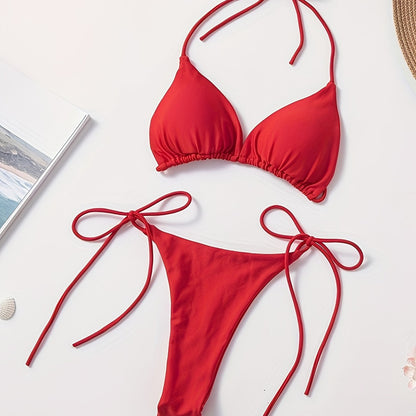 Women's 2 Piece Set Bikini, Halter Bra, V String Bottoms, Women's Swimwear & Clothing