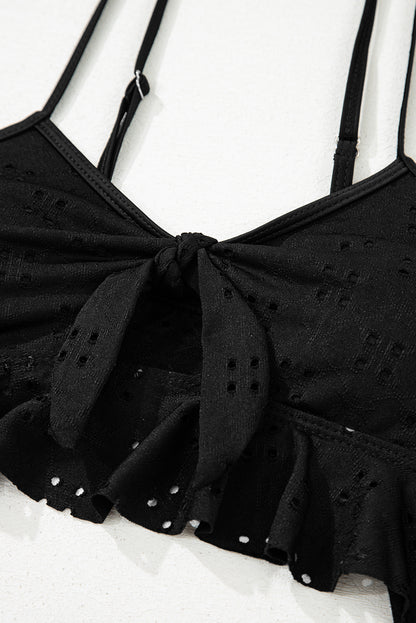 Black Eyelet Pattern Knotted Ruffle Trim 3pcs Bikini Set