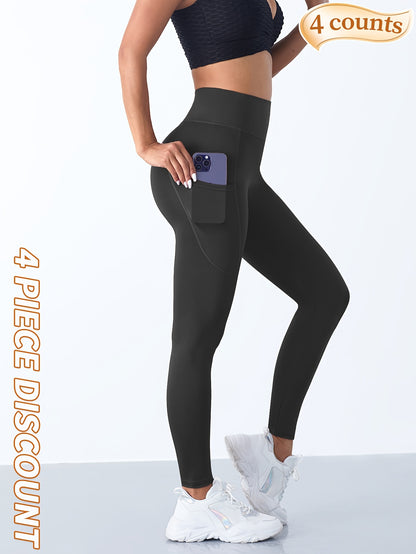 4pcs High Waist Yoga Leggings With Pocket For Women, Solid Color, Tight Fit, Women's Activewear