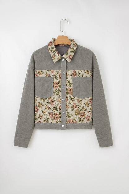 Medium Grey Ribbed Retro Floral Patchwork Shirt Style Jacket