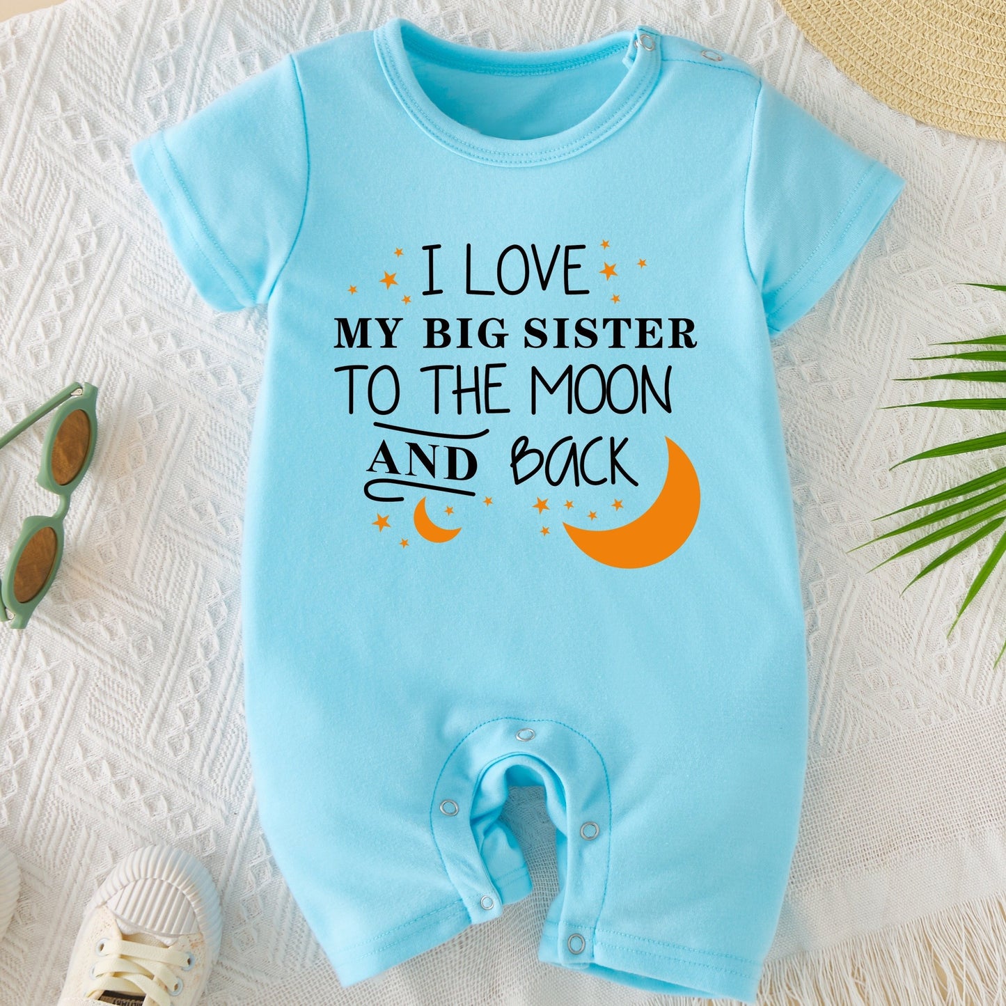 Adorable I LOVE My Big Sister Letter Print Summer Short Sleeve Quadrangle Jumpsuit Bodysuit - Soft, Comfortable & Breathable Baby Clothes - Perfect Pregnancy Gifts for Proud Big Sisters