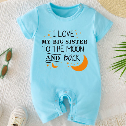 Adorable I LOVE My Big Sister Letter Print Summer Short Sleeve Quadrangle Jumpsuit Bodysuit - Soft, Comfortable & Breathable Baby Clothes - Perfect Pregnancy Gifts for Proud Big Sisters