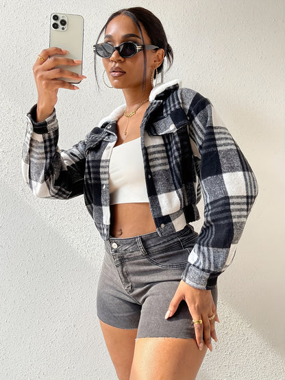 Button Plaid Faux Fur Collar Jacket, Casual Long Sleeve Crop Jacket For Fall & Winter, Women's Clothing