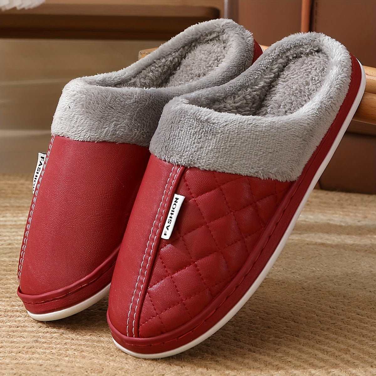 [Cozy Plush Slippers] Warm Cozy Plush Home Slippers for Men and Women | Faux Fur Lined, Durable TPR Sole, Quilted Design, Indoor/Outdoor Use, Available in Navy Blue, Red, Pink, and Gray