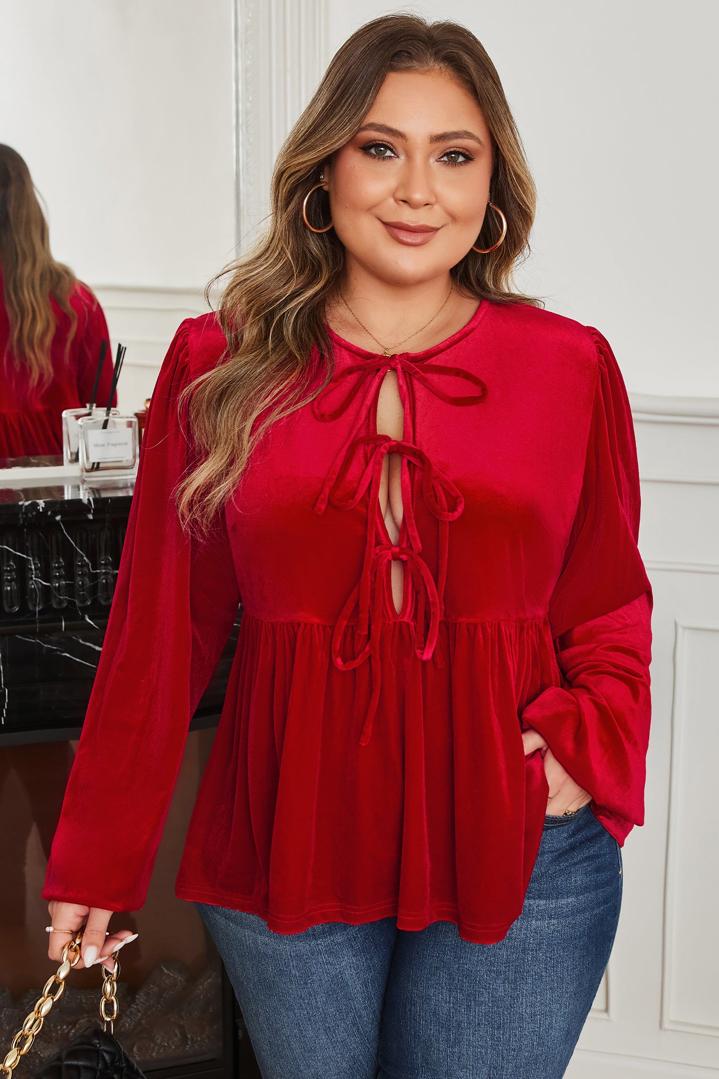 Red Clay Plus Size Tie Front Velvet Peplum Blouse