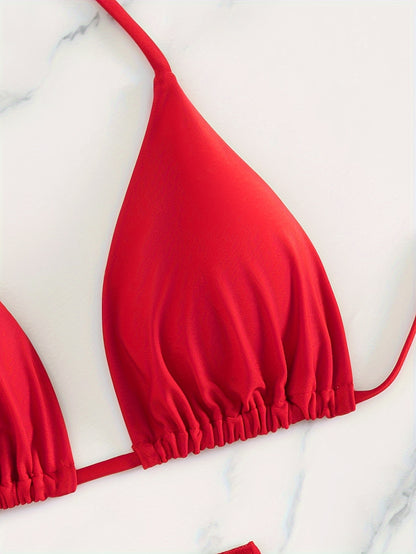 Women's 3pcs High-Elasticity Halter Neck Bikini Set with Beach Skirt - Vibrant Red Triangle Tie Front Bikini, Full Coverage Swimsuit & Adjustable Back Skirt, Machine Washable Summer Pool & Vacation Outfit