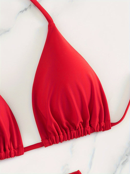 Women's 3pcs High-Elasticity Halter Neck Bikini Set with Beach Skirt - Vibrant Red Triangle Tie Front Bikini, Full Coverage Swimsuit & Adjustable Back Skirt, Machine Washable Summer Pool & Vacation Outfit
