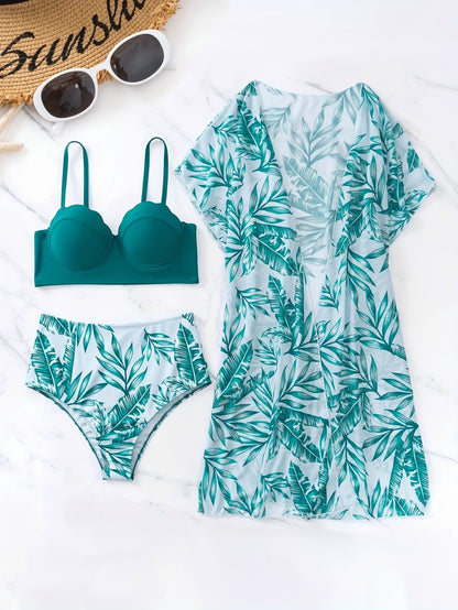 3 Piece Tropical Print High Waist Bikini Set - Off the Shoulder, High Stretch, Semi-Sheer, Polyester Fabric, Random Printing, Knit Swimsuits for Women - Perfect for Swimming and Beach Activities