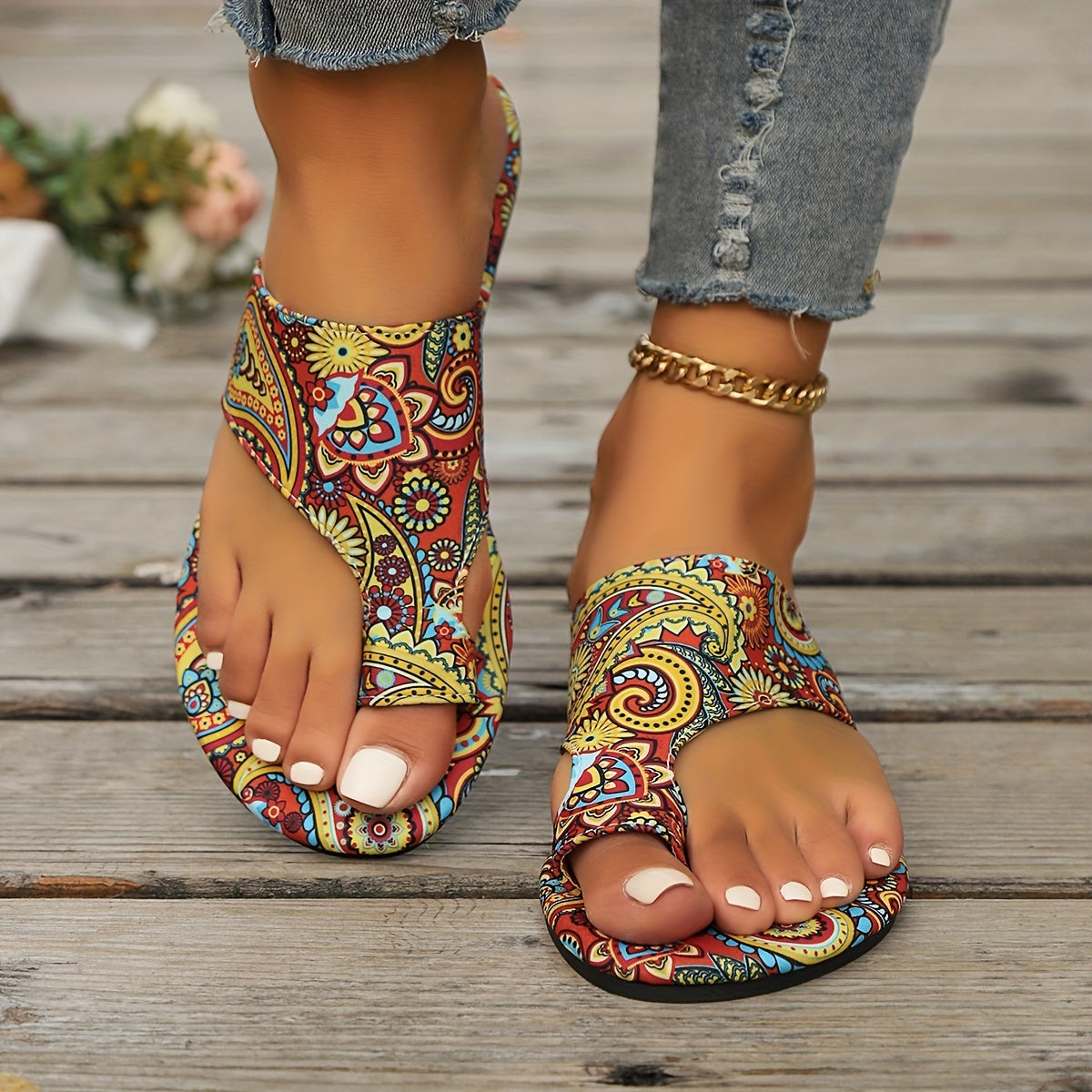 Vibrant Boho Chic Flat Sandals - Colorful Patterned, Summer Fashion, Slip-On, Casual, Open Toe, Beach Footwear with Soft Insole and Adjustable Ankle Strap for Women