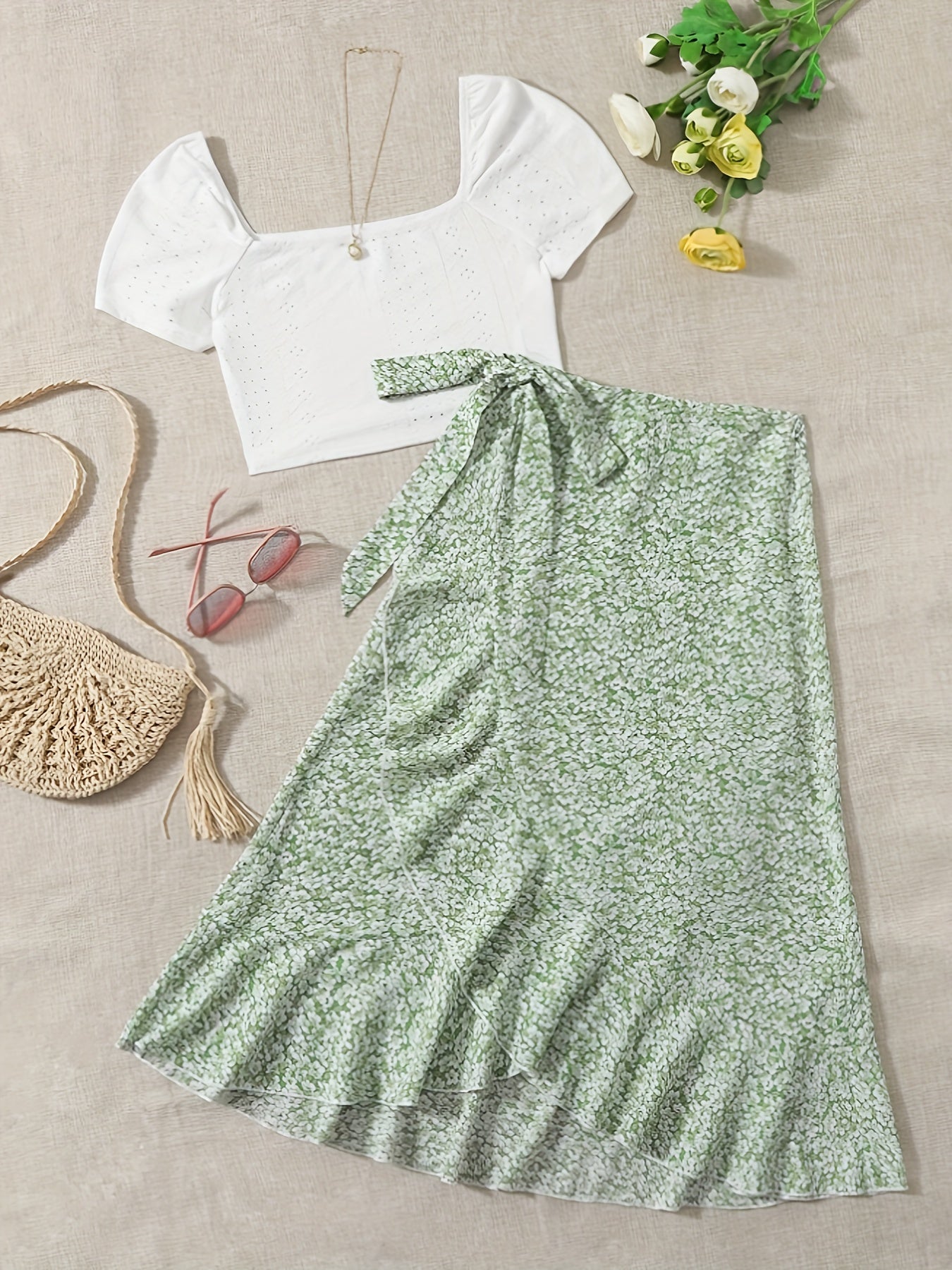 Vacation Ready - Chic Square Neck Crop Top & Adjustable Print Wrap Skirt Set - Flirty Short Sleeves, Womens Two-Piece Outfit