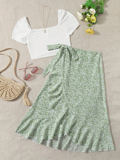 Vacation Ready - Chic Square Neck Crop Top & Adjustable Print Wrap Skirt Set - Flirty Short Sleeves, Womens Two-Piece Outfit