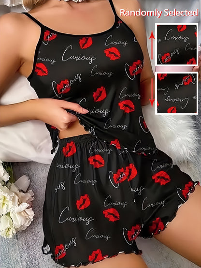 Flirty Red Lip & Letter Print Pajama Set - Ruffled Crew Neck Cami Top & Elastic Shorts - Romantic Valentines Day Loungewear for Women - Comfortable Sleepwear Perfect for Cozy Nights In