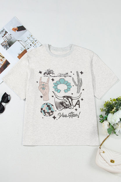 Light Grey Yee Haw Western Fashion Print Plus Size Tee