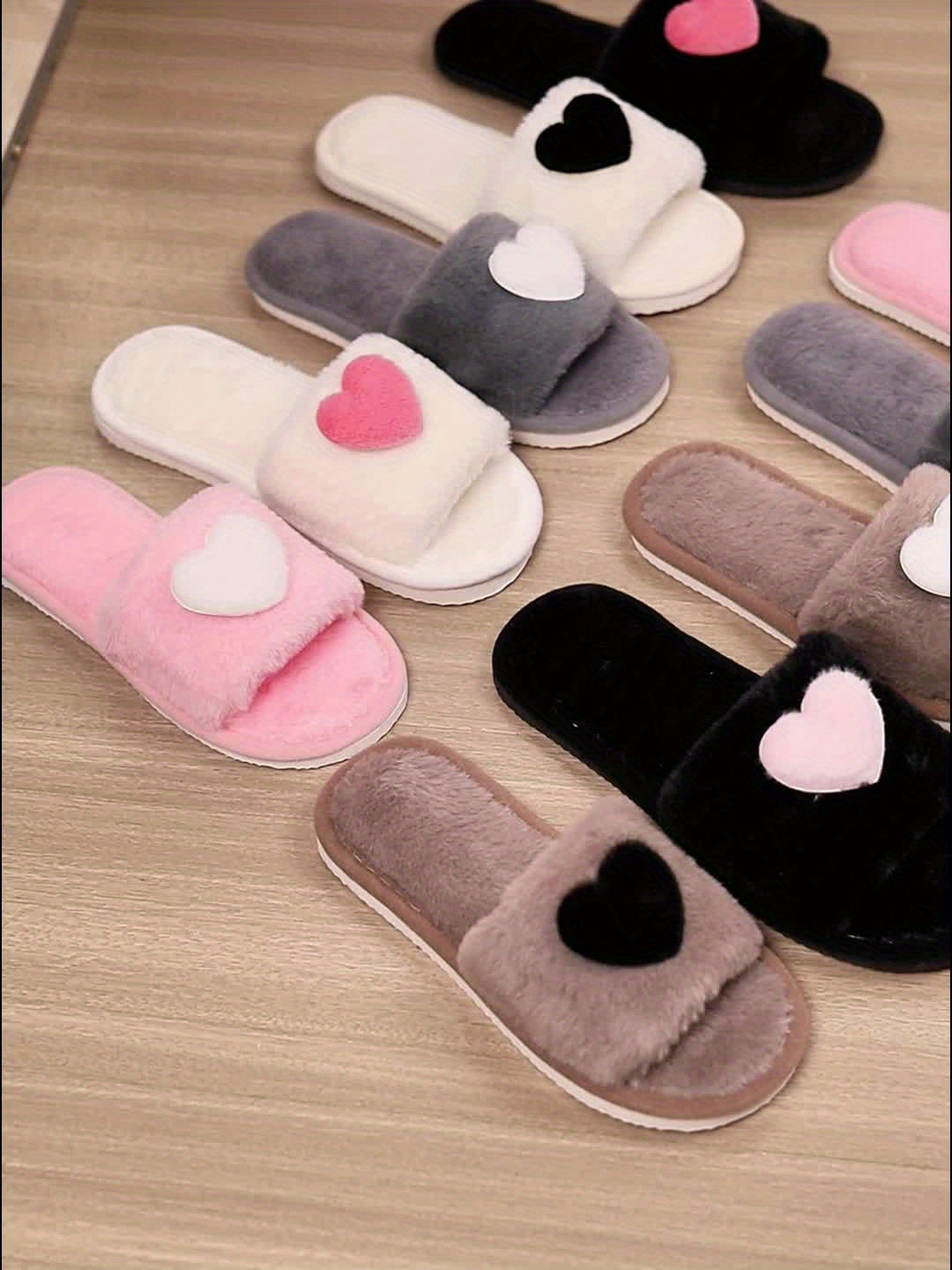 [Cute Slippers] Cozy Plush Women's Winter Slippers | Fleece-Lined Non-Slip EVA Sole with Heart Pattern, Black & Pink, Cute Slipresistant Footwear, Casual Slipon, Fleecelined Interior, 2024 New
