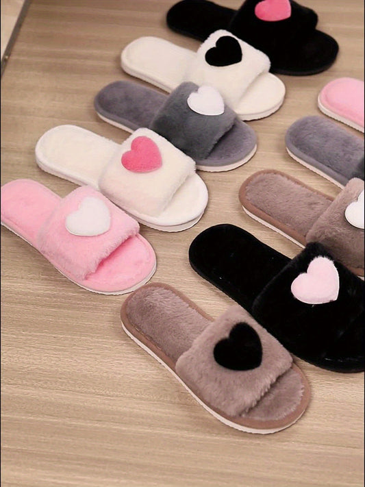 [Cute Slippers] Cozy Plush Women's Winter Slippers | Fleece-Lined Non-Slip EVA Sole with Heart Pattern, Black & Pink, Cute Slipresistant Footwear, Casual Slipon, Fleecelined Interior, 2024 New