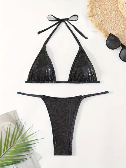 Women'S Sexy Halter Neck Bikini Set with Floral Print & Crisscross Straps - Back Tie Detail, Medium Stretch Fabric, Black & White Swimsuit for Beach or Pool, Beachwear Essentials|Floral Print Swimsuit|Stretchy Fabric