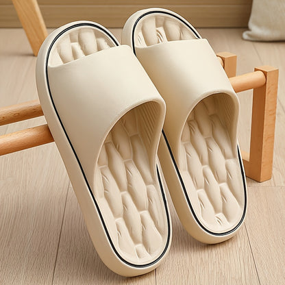 [Comfortable Slides] Comfortable Unisex EVA Slides | Non-Slip Indoor/Outdoor Slippers for Men and Women, Black with White Trim, Textured Sole for Enhanced Grip, Perfect for Home, Bathroom, or Casual Use, House Slippers