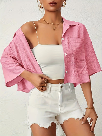 Button Front Crop Blouse, Casual Short Sleeve Blouse For Spring & Summer, Women's Clothing