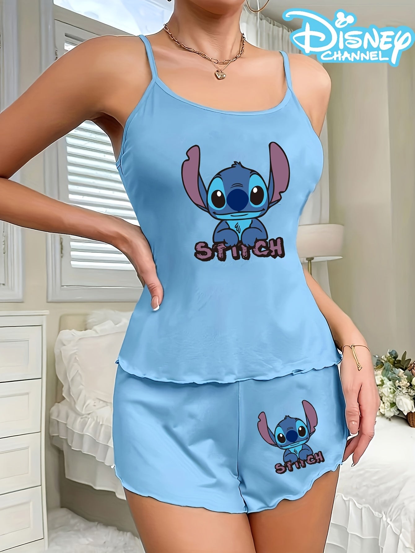 Stitch Women'S Light Blue Pajama Set - Casual Spaghetti Strap Shorts with Playful Purple Lettering, Soft Polyester Blend, Perfect for Lounge or Sleepwear, Sleepwear Set|Playful Print|Polyester Blend