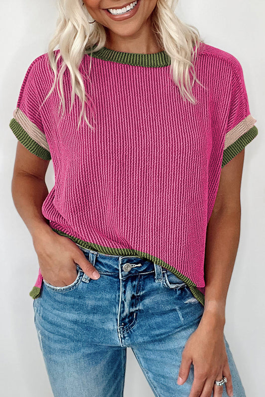 Rose Red Textured Contrast Trim Round Neck T Shirt