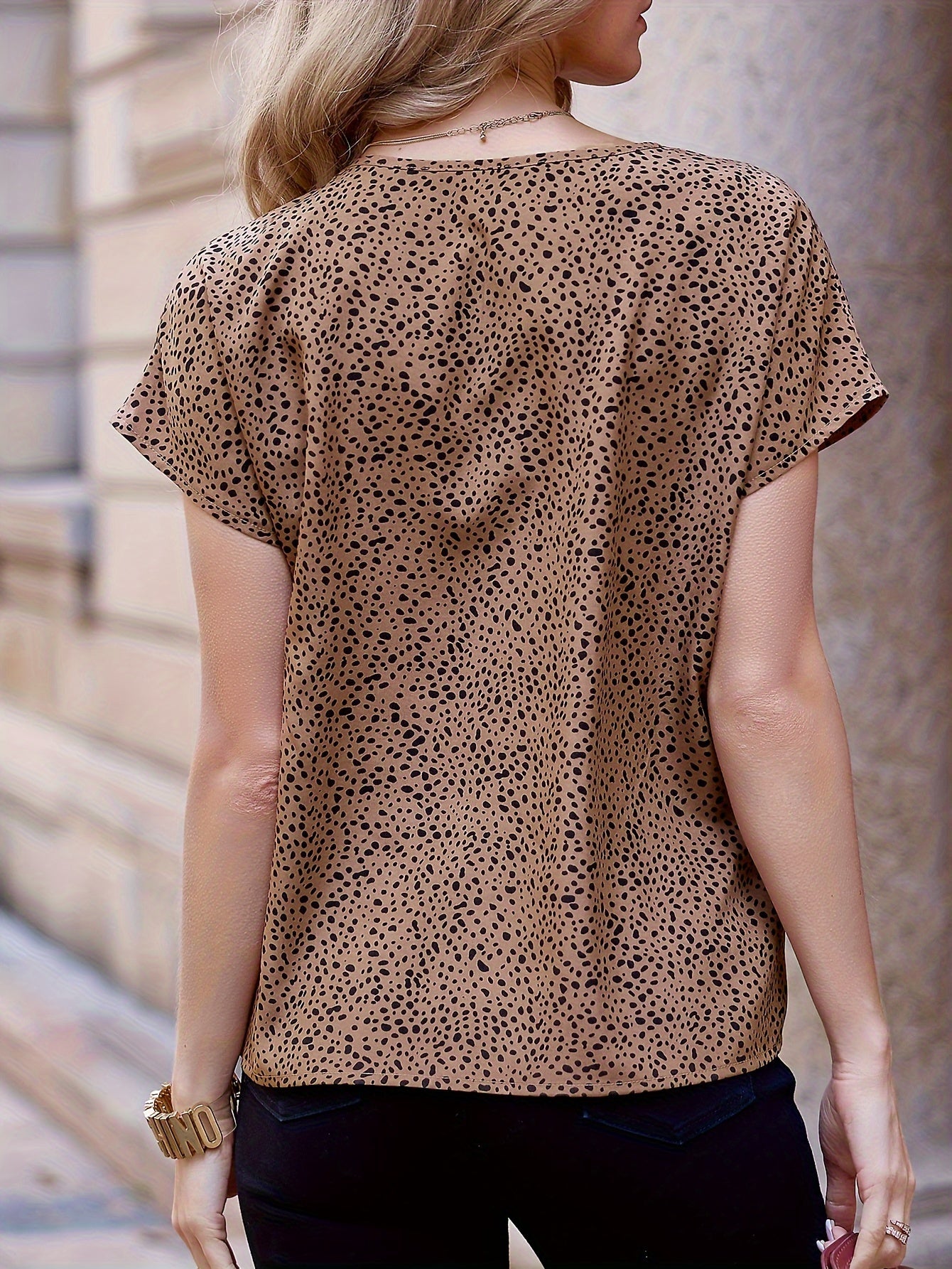 Elegant Dalmatian Spot V-Neck Blouse for Women - Lightweight Polyester, Short Sleeve, Machine Washable Summer Top