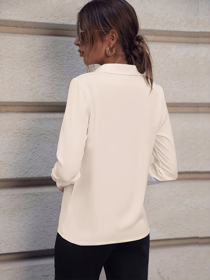 Women'S V-Neck Blouse - Elegant White Button-Up Shirt with Long Sleeves, Perfect for Office & Casual Wear, Versatile Fall/Winter Top, Versatile Fashion | Minimalist Style | Stylish Buttonup