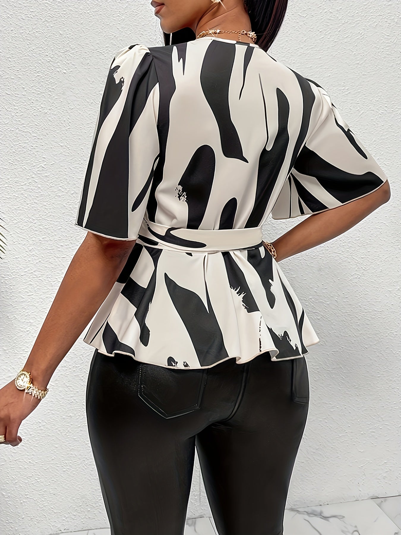 Vibrant Polyester Short Sleeve Surplice Neck Blouse - Casual V-Neck Shirt with Belt Detail for Summer - Woven, No Elasticity, Random Print, Middle East Inspired Womens Clothing