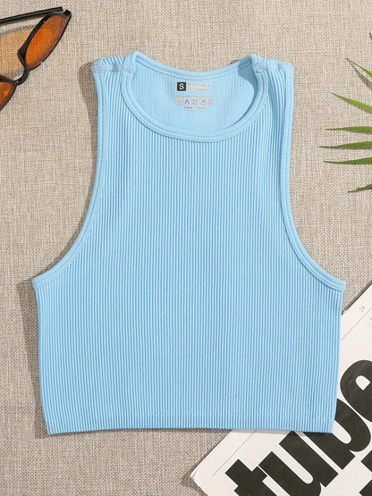 4 Pcs Vibrant Seamless Ribbed Crop Tops - Round Neck, Sleeveless, Breathable, Moisture-Wicking, Casual Sports Tank Tops for Women - Perfect for Yoga, Fitness, and Daily Wear