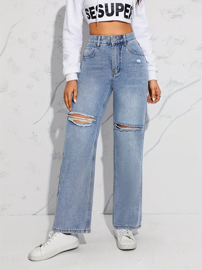 Blue Loose Fit Straight Jeans, Ripped Holes Non-Stretch Distressed Wide Legs Jeans, Women's Denim Jeans & Clothing