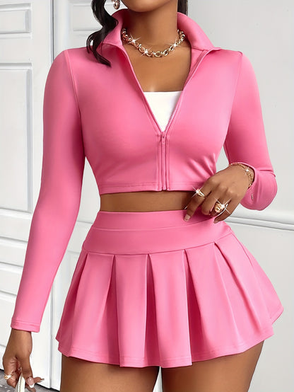 Solid Color Sexy Skirt Set, Zip Front Long Sleeve Crop Top & High Waist Pleated A-line Mini Skirt Outfits, Women's Clothing