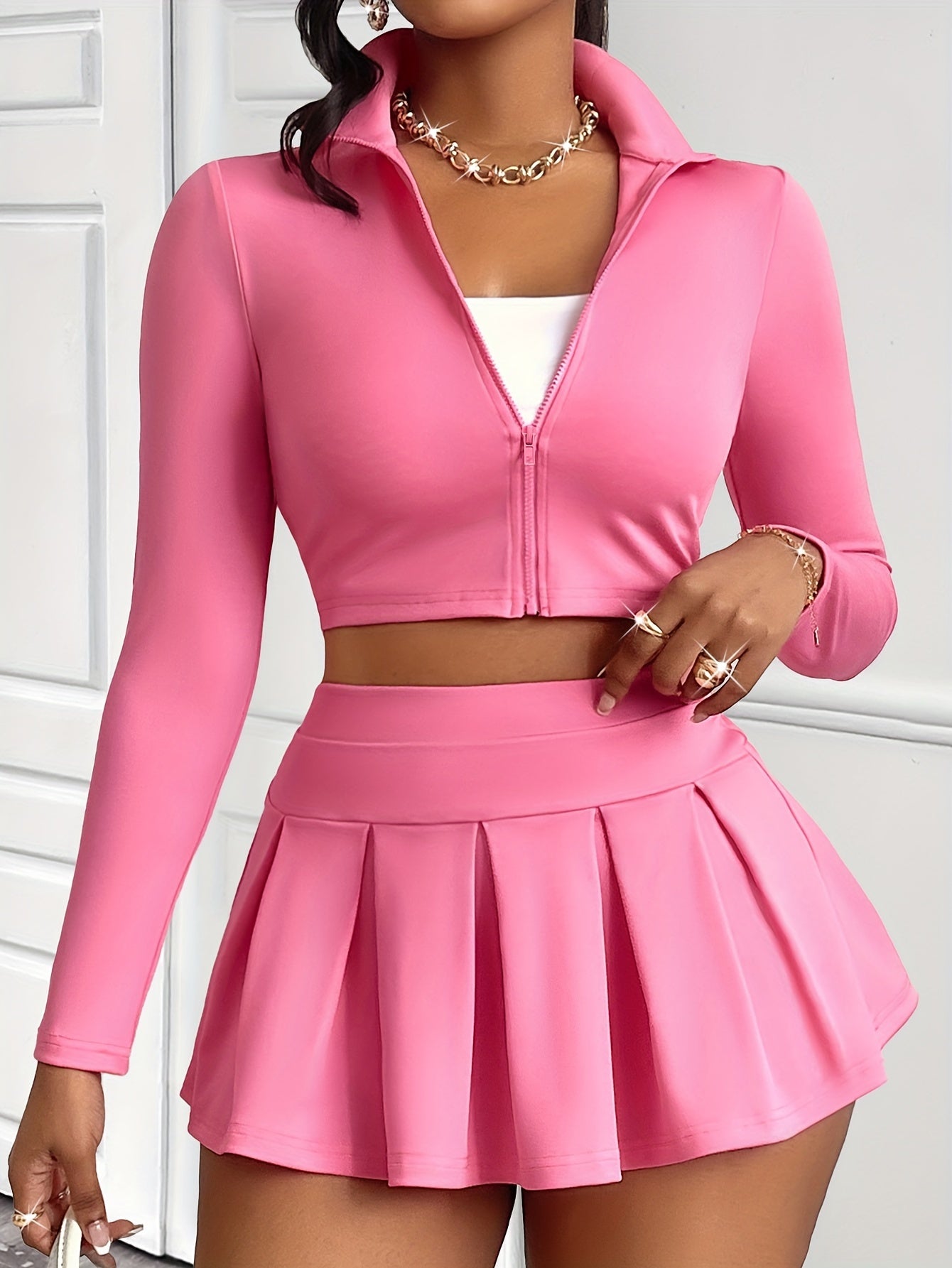Solid Color Sexy Skirt Set, Zip Front Long Sleeve Crop Top & High Waist Pleated A-line Mini Skirt Outfits, Women's Clothing