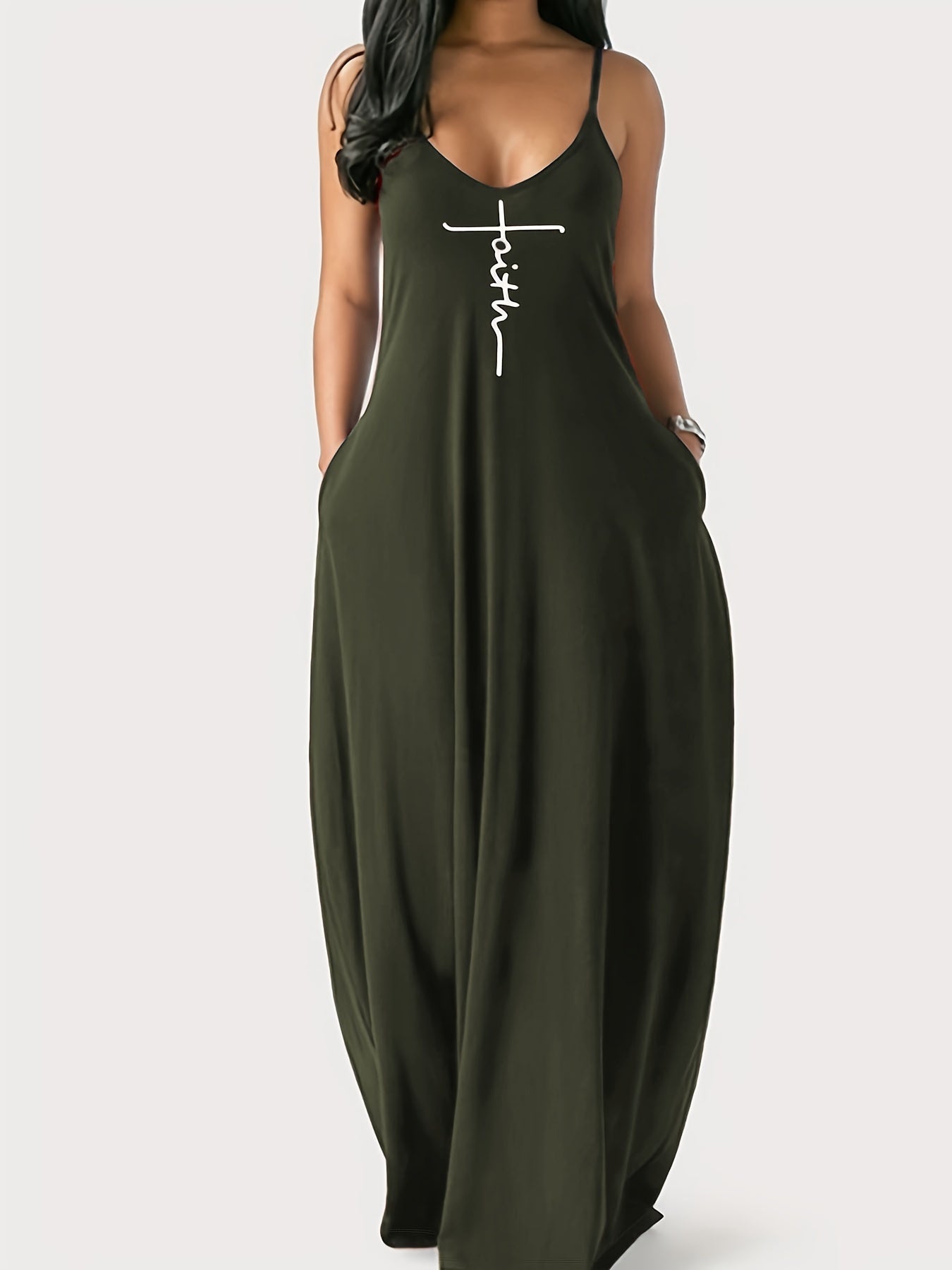 Faith Print Backless Dress, Casual Spaghetti Strap V Neck Loose Dress, Women's Clothing