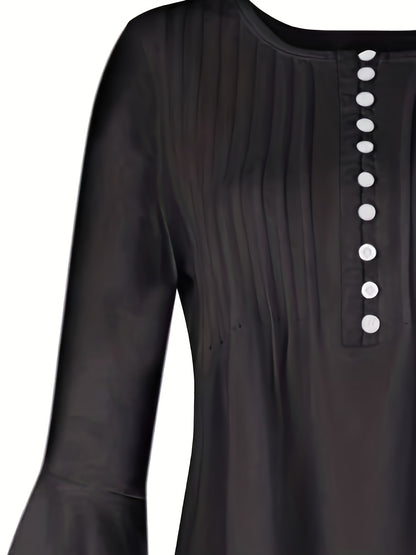 [Women's Casual Blouse] Lightweight Women's Casual Solid Color Blouse | Regular Fit Flat Henley Neck with Ruched Detail | Spring/Summer/Fall Fabric